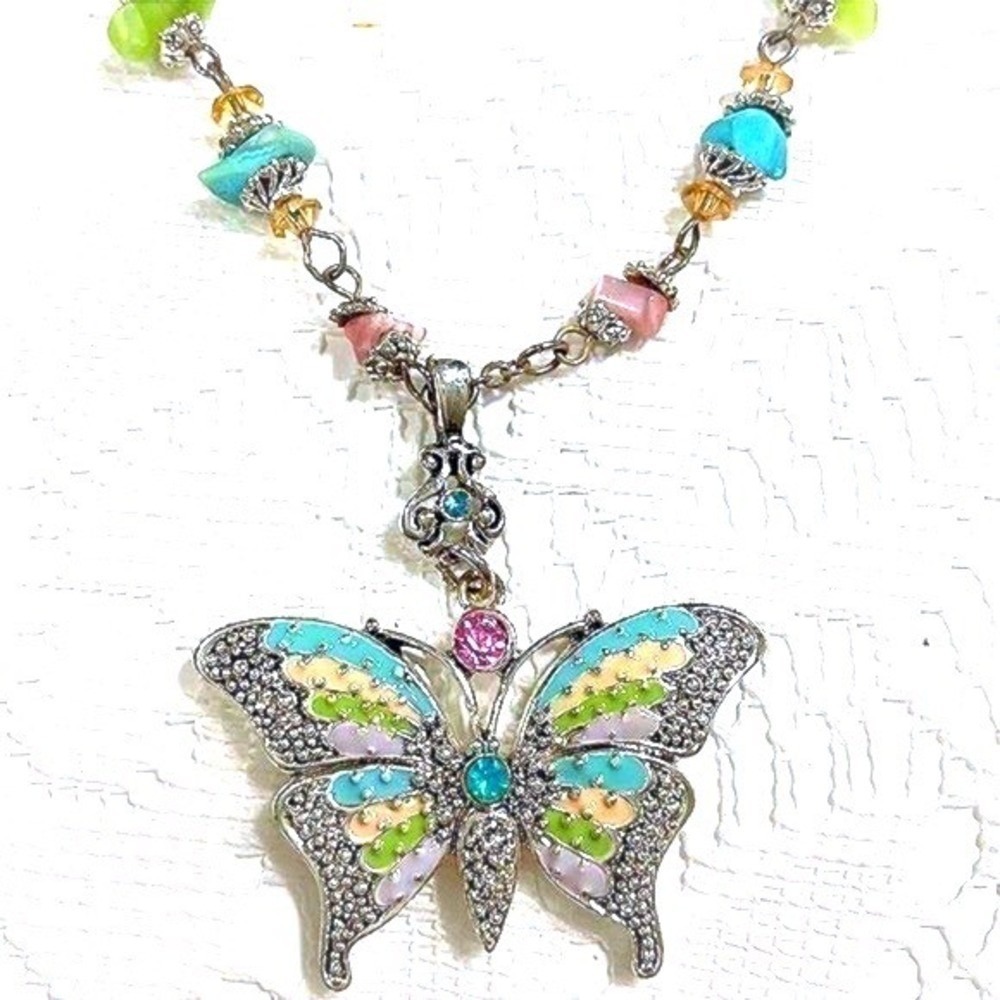 Butterfly Necklace Silvertone Multicolor Pastel Enamel Rhinestone Accent Jewelry